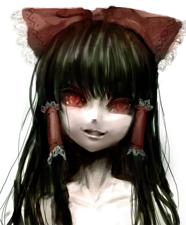 1girl, bad_id, bad_pixiv_id, black_hair, bow, collarbone, creepy, female_focus, hair_bow, hair_tubes, hakurei_reimu, horror_(theme), lastdark, long_hair, looking_at_viewer, open_mouth, red_eyes, simple_background, smile, solo, teeth, topless_frame, touhou, upper_body, white_background