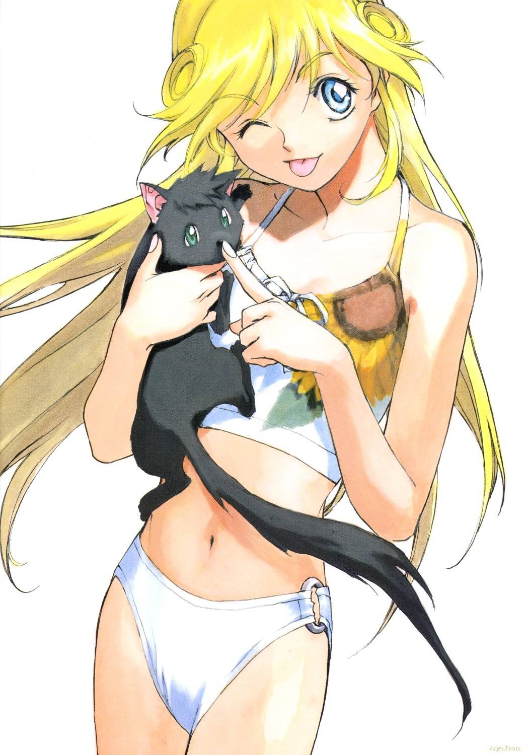 1girl, :p, ;p, bikini, bikini_bottom_only, blonde_hair, blue_eyes, cat