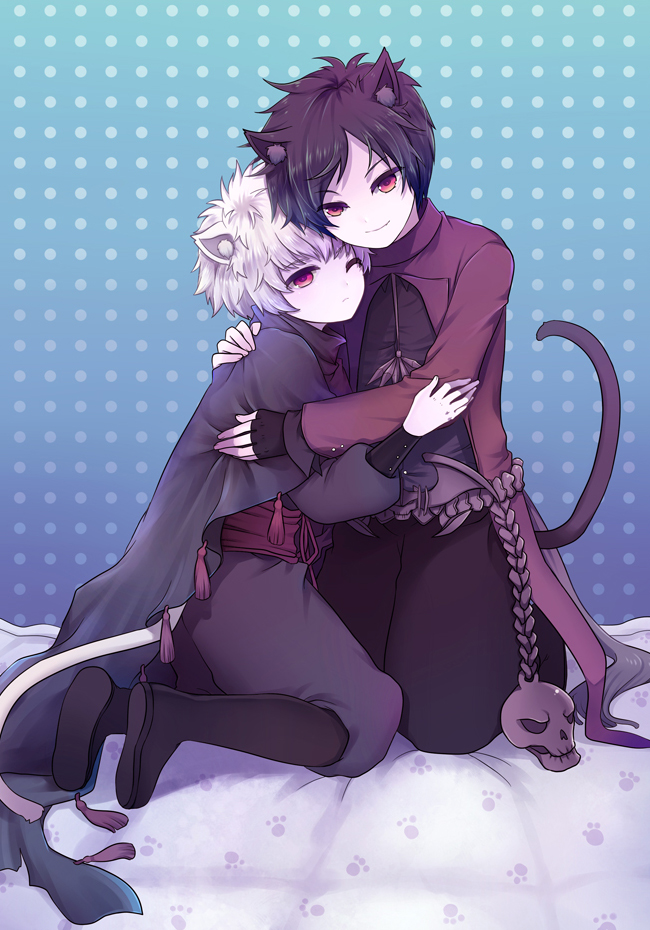 00s, 2boys, 6_yin, animal_ears, black_hair, blush, boots, cat_boy, cat_ears, cat_tail, closed_eyes, dungeon_and_fighter, earrings, elemental_bomber, full_body, glacial_master_(dungeon_and_fighter), hug, jewelry, male_focus, male_mage_(dungeon_and_fighter), multiple_boys, red_eyes, skull, smile, tail, white_hair, yaoi