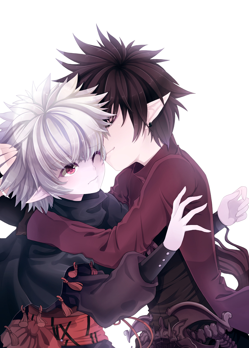 00s, 2boys, 6_yin, black_hair, blush, closed_eyes, dungeon_and_fighter, earrings, elemental_bomber, fang, glacial_master_(dungeon_and_fighter), imminent_kiss, jewelry, male_focus, male_mage_(dungeon_and_fighter), multiple_boys, pointy_ears, red_eyes, smile, white_hair, yaoi