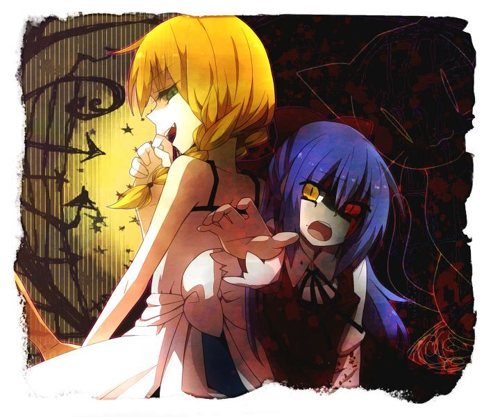 2girls, animal, blonde_hair, blood, blue_eyes, bow, braid, cat