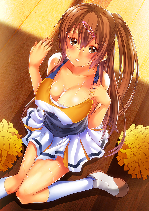 10s, 1girl, bare_shoulders, blush, breasts, brown_eyes, brown_hair, cheerleader, chuunibyou_demo_koi_ga_shitai!, cleavage, collarbone, female_focus, from_above, hair_ornament, hairclip, kneehighs, large_breasts, looking_at_viewer, looking_up, nibutani_shinka, one_side_up, pom_pom_(cheerleading), shoes, sitting, socks, solo, sweat, un4lord, white_socks, wooden_floor