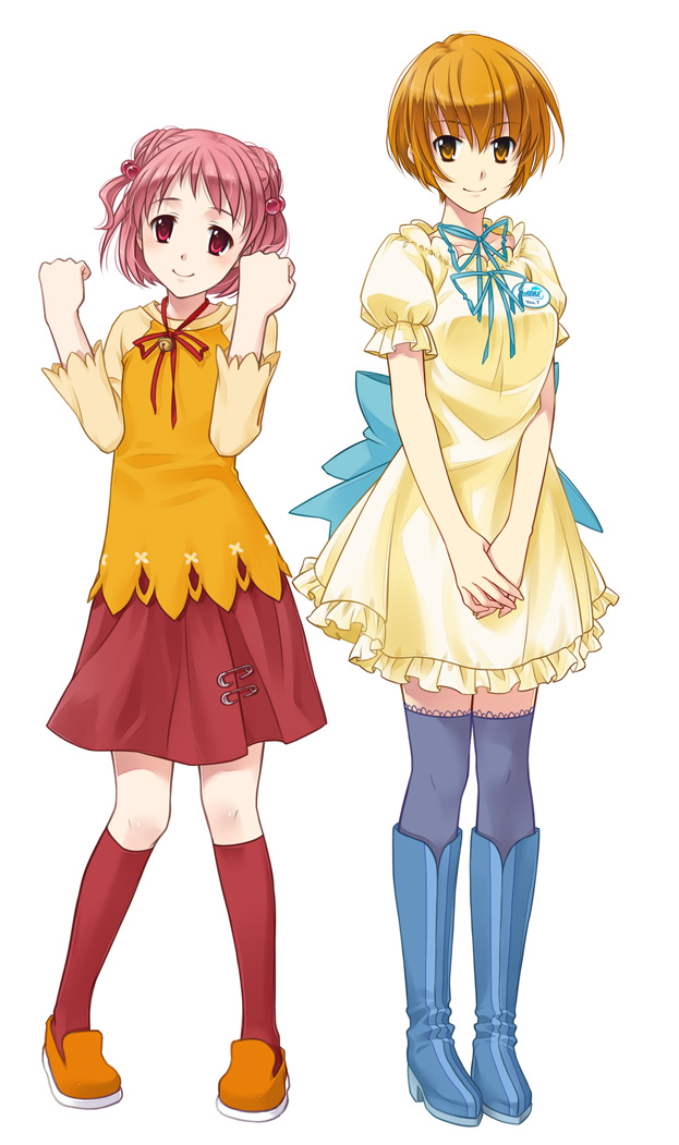 2girls, badge, blue_thighhighs, boots, bow, brown_eyes, brown_hair, clenched_hands