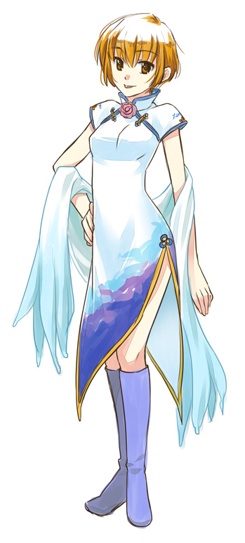 1girl, :p, akanegasaki_sora, akanegasaki_sora_(cosplay), arm_behind_back, boots, brown_eyes, brown_hair, china_dress, chinese_clothes, cosplay, dress, ever_17, female_focus, flower, hand_on_own_hip, knee_boots, short_hair, side_slit, smile, solo, standing, takigawa_yuu, tanaka_yubiseiakikana, tongue, tongue_out