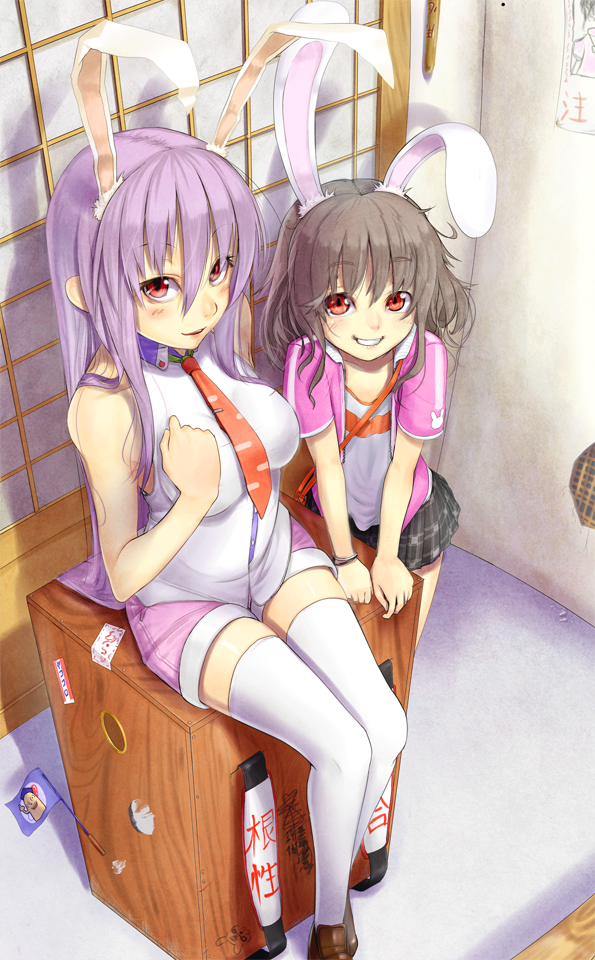 2girls, alternate_costume, animal_ears, box, bracelet, brown_hair, casual, contemporary, extra_ears, female_focus, grin, inaba_tewi, jewelry, light_purple_hair, loafers, long_hair, looking_at_viewer, mossari_poteto, multiple_girls, necktie, rabbit_ears, red_eyes, red_necktie, reisen_udongein_inaba, revision, shoes, short_hair, simple_background, sitting, sleeveless, smile, thighhighs, touhou, very_long_hair, white_legwear, yagokoro, zettai_ryouiki