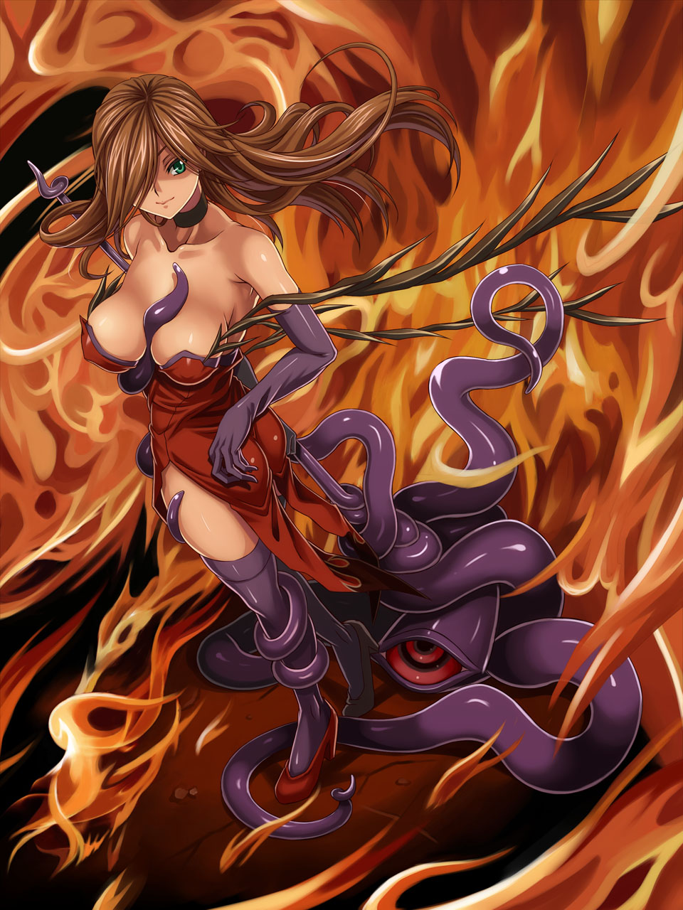 1girl, ass, bare_shoulders, between_breasts, breasts, breasts_apart, brown_hair, bustier, choker, cleavage, collarbone, consensual_tentacles, covered_erect_nipples, crack, dress, elbow_gloves, feathers, female_focus, fire, flame_master_nyx, flame_print, floating_hair, from_above, from_side, funikura, gloves, green_eyes, hair_over_one_eye, high_heels, highres, holding, large_breasts, leg_grab, light_smile, long_hair, looking_at_viewer, looking_back, nyx_(queen's_blade), off_shoulder, one-eyed, purple_gloves, purple_legwear, queen's_blade, red_dress, red_eyes, shoes, side_slit, sideboob, smile, solo, staff, standing, syunzou, tentacles, underwear, weapon