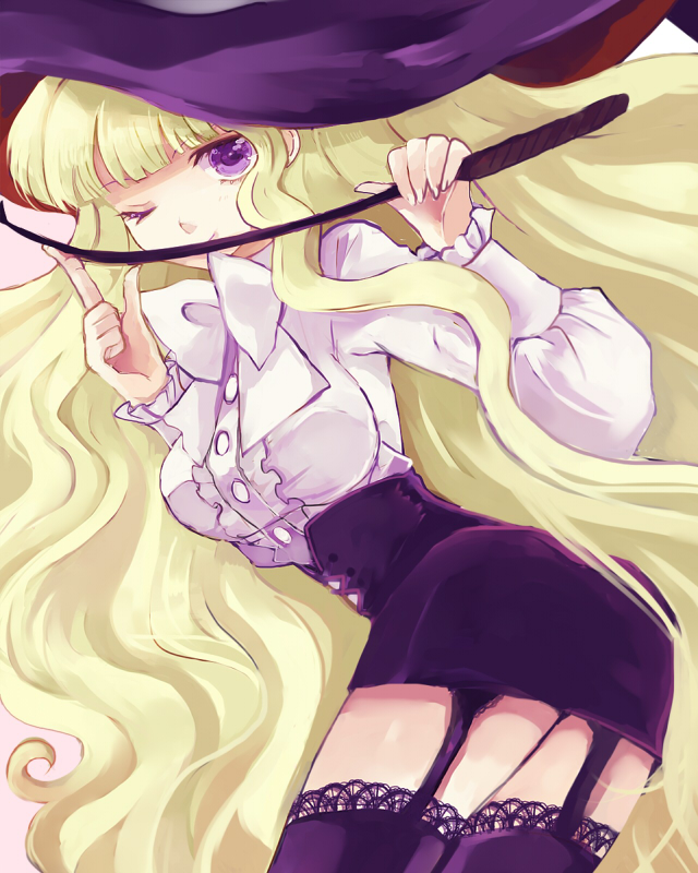00s, 1girl, bad_id, bad_pixiv_id, blonde_hair, bow, bowtie, breasts, dress_shirt, female_focus, garter_straps, hat, holding, holding_riding_crop, lace, lace-trimmed_legwear, lace_trim, large_breasts, lilith_(yamibou), long_hair, long_sleeves, looking_at_viewer, miniskirt, one_eye_closed, pencil_skirt, puffy_long_sleeves, puffy_sleeves, purple_eyes, riding_crop, shirt, shuu_(shu-nm), simple_background, skirt, solo, thighhighs, very_long_hair, whip, wink, witch_hat, yami_to_boushi_to_hon_no_tabibito, zettai_ryouiki