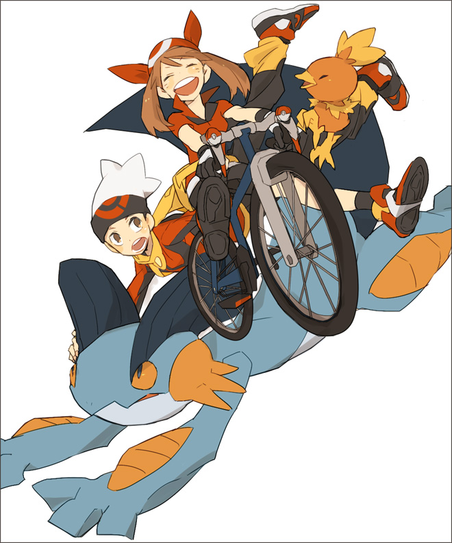 00s, 1boy, 1girl, bandana, bicycle, bike_shorts, brendan_(pokemon), brown_eyes