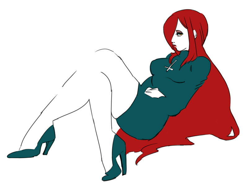 1girl, bare_legs, breasts, cross, ebi_(soshoku), female_focus, hair_over_one_eye, high_heels