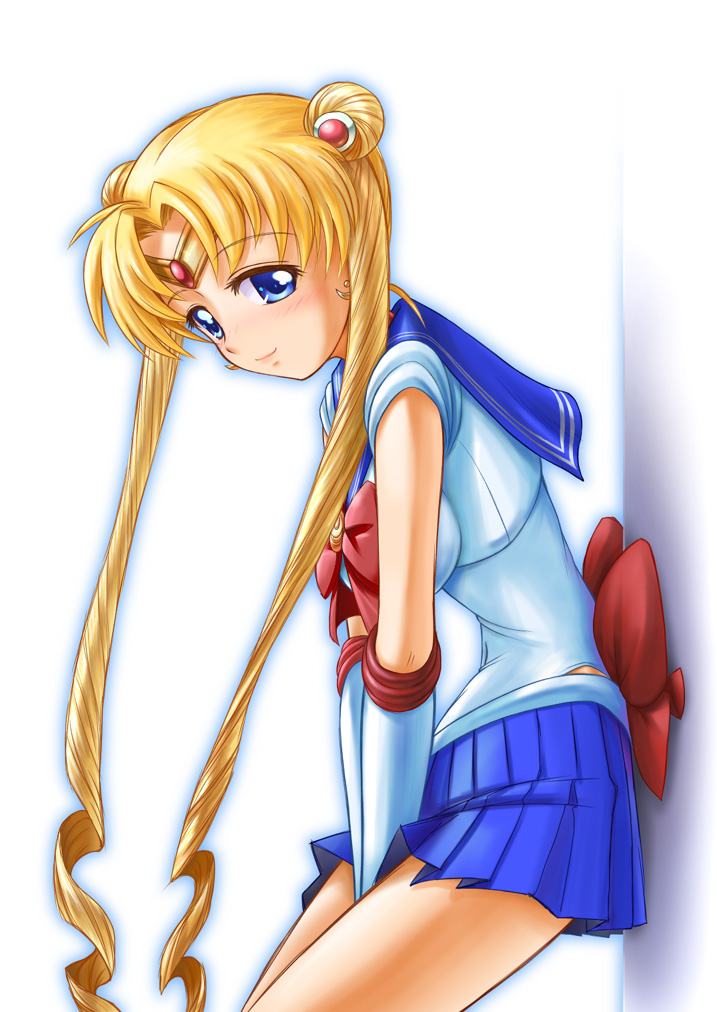 1990s_(style), 1girl, against_wall, bad_id, bishoujo_senshi_sailor_moon, blue_eyes, blue_sailor_collar, blue_skirt