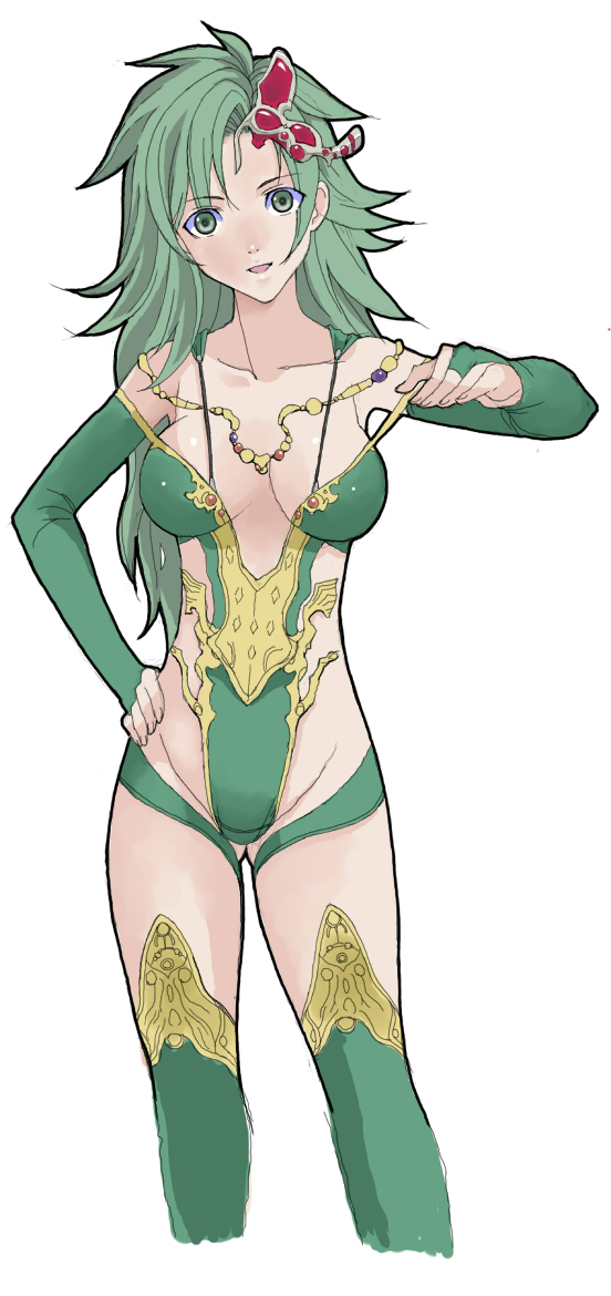 1990s_(style), 1girl, bad_id, bad_pixiv_id, bare_shoulders, breasts, cleavage, collarbone, detached_sleeves, female_focus, final_fantasy, final_fantasy_iv, final_fantasy_iv:_the_after_years, green_eyes, green_hair, groin, hand_on_own_hip, jewelry, leotard, long_hair, long_sleeves, looking_at_viewer, matching_hair/eyes, necklace, parted_lips, retro_artstyle, revealing_clothes, rydia_(adult)_(ff4), rydia_(ff4), shiwasu, simple_background, solo, standing, thighhighs, white_background