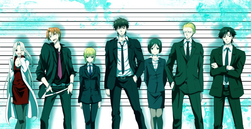 2girls, 5boys, artoria_pendragon_(fate), bad_id, bad_pixiv_id, black_hair, blonde_hair, cosplay