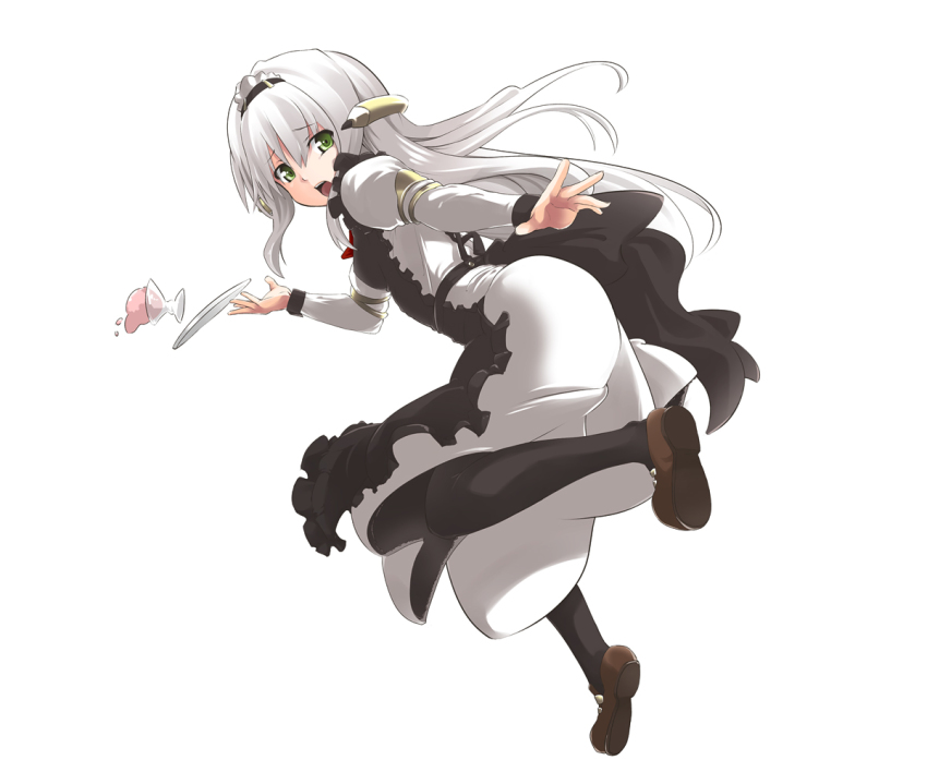 1girl, aniota_no_tsudoi, apron, black_pantyhose, breasts, dress, female_focus, food, green_eyes, hair_ornament, ice_cream, long_hair, looking_at_viewer, maid, maid_apron, nanaku_teiru, open_mouth, original, pantyhose, silver_hair, solo, spilling, tray, zwei_(aniota_no_tsudoi)