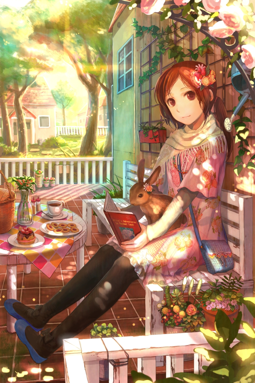 1girl, animal, animal_on_lap, bag, basket, bench, black_pantyhose, book, brown_eyes, brown_hair, building, cake, coffee, cookie, cup, dappled_sunlight, day, dorsiflexion, dress, female_focus, floral_print, flower, flower_pot, food, food-themed_hair_ornament, from_side, full_body, fuzichoco, hair_flower, hair_ornament, highres, holding, holding_book, house, ivy, jewelry, leggings, light_smile, looking_at_viewer, looking_to_the_side, necklace, on_lap, open_book, original, outdoors, pantyhose, parted_bangs, pastry, pink_dress, pink_flower, pink_rose, plant, plate, ponytail, porch, potted_plant, print_dress, rabbit, railing, revision, rose, salt_shaker, satchel, saucer, shadow, shawl, shoulder_bag, sitting, solo, strawberry_hair_ornament, sunlight, table, tablecloth, tile_floor, tiles, tree, trellis, trencker, vase, watering_can, window
