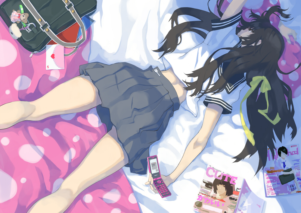 1girl, ai[sora], bad_proportions, bag, brown_hair, cellphone, female_focus, hair_ribbon, long_hair, lying, magazine_(object), on_stomach, original, phone, revision, ribbon, school_bag, school_uniform, skirt, solo