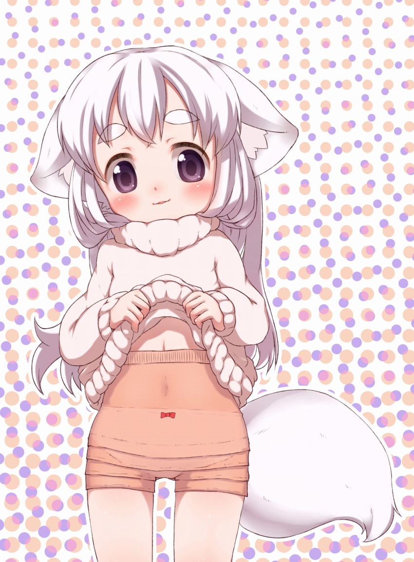 1girl, animal_ears, blush, clothes_lift, dog_ears, dog_tail, female_focus, grey_eyes