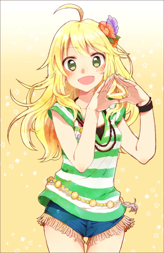 1girl, :d, ahoge, bad_id, bad_pixiv_id, blonde_hair, denim, denim_shorts