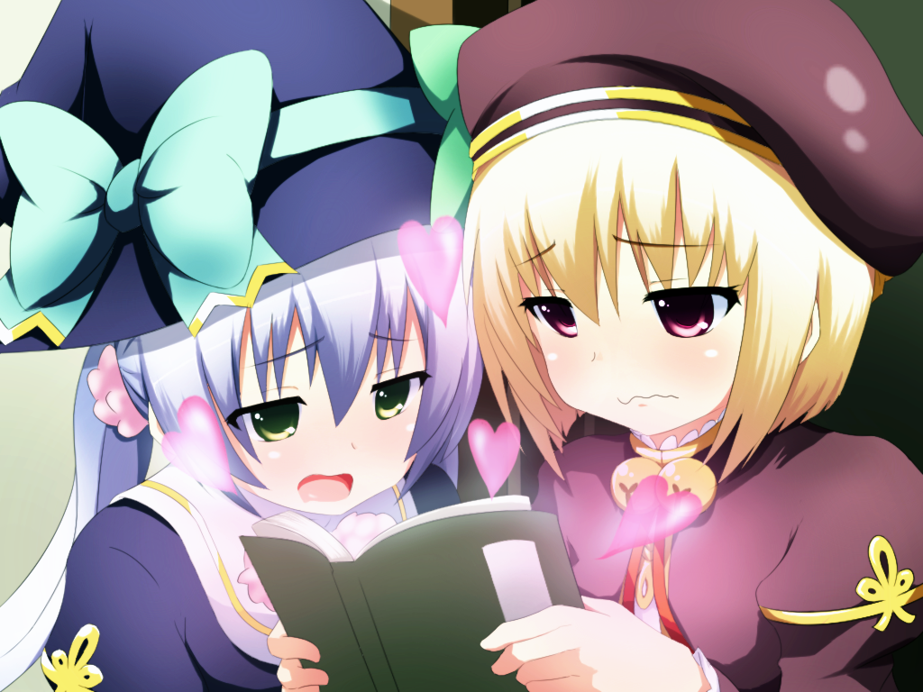 2girls, blonde_hair, blue_hair, blush, book, bow, green_eyes, hat