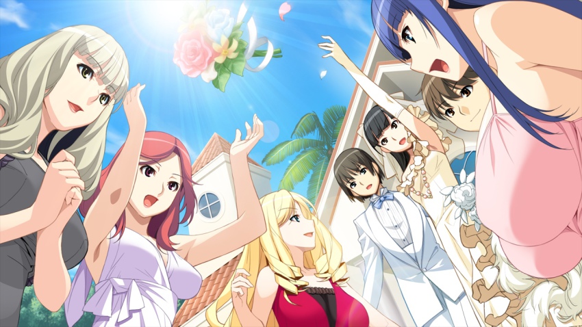 2boys, 5girls, aiura_ichika, arms_up, black_hair, blonde_hair, blue_eyes, blue_hair, bouquet, breasts, brown_eyes, brown_hair, cloud, dress, elbow_gloves, flower, fuutou_shizune, game_cg, gloves, grey_hair, hadashi_shoujo, huge_breasts, ino_(magloid), kareshi_inai_reki_=_nenrei, kasane_rinzu, kujou_ruri, large_breasts, long_hair, multiple_boys, multiple_girls, narushima_azuki, narushima_natsuki, open_mouth, red_hair, sayama_kazuto, short_hair, sky, smile, standing, sunlight, wedding, wedding_dress