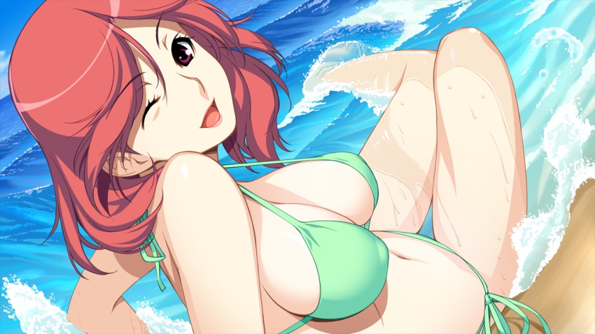 1girl, beach, bikini, breasts, feet, female_focus, game_cg, hadashi_shoujo, happy, ino_(magloid), kareshi_inai_reki_=_nenrei, large_breasts, looking_at_viewer, narushima_azuki, navel, ocean, one_eye_closed, open_mouth, red_eyes, red_hair, sitting, smile, solo, swimsuit, toes, water, wet, wink