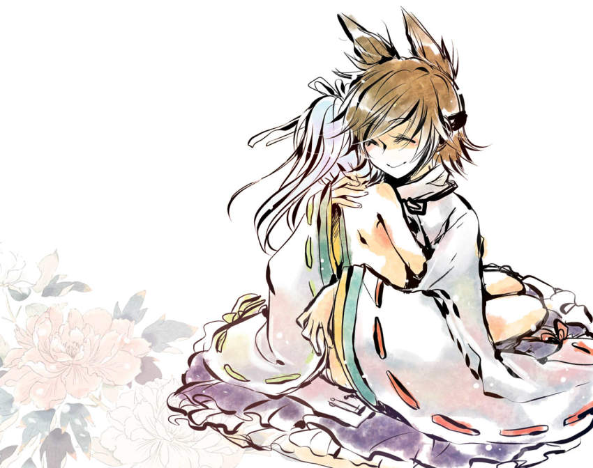 2girls, back, brown_hair, closed_eyes, clothed_female_nude_female, unworn_clothes, cosplay, earmuffs