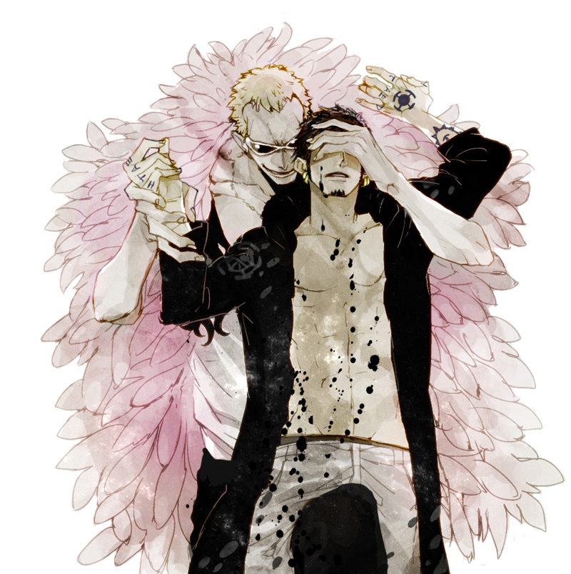 2boys, black_hair, blonde_hair, denim, donquixote_doflamingo, feather_boa, feathers, hand_over_eyes