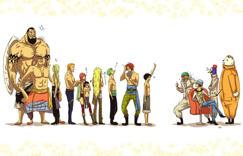 1girl, 6+boys, basil_hawkins, bear, beard, belt, bepo_(one_piece), black_hair, blue_hair, boiler_suit, brown_hair, capone_gang_bege, clipboard, coveralls, doctor, eustass_kid, facial_hair, glasses, green_hair, haramaki, hat, highres, jewelry_bonney, killer_(one_piece), lab_coat, line_(veritatis), long_hair, medical, monkey_d._luffy, multiple_boys, nurse, nurse_cap, one_piece, orange_hair, patient, penguin_(one_piece), pink_hair, red_hair, roronoa_zoro, sash, scratchmen_apoo, shachi_(one_piece), shorts, sitting, sleeping, supernova, tattoo, thighhighs, topless_female, trafalgar_law, urouge, wings, x_drake