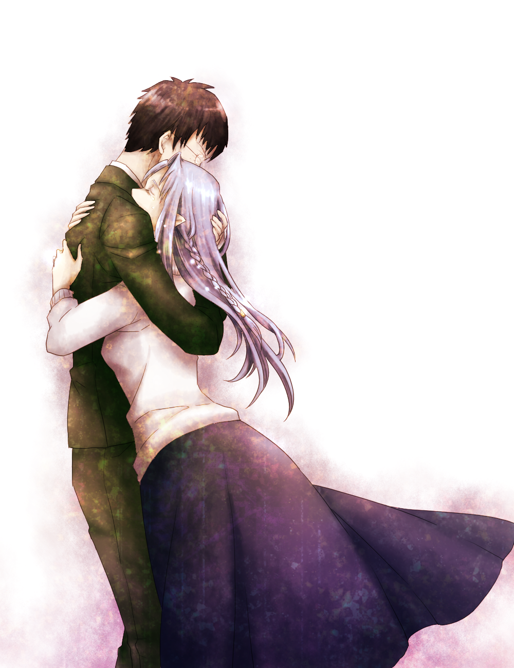 1boy, 1girl, black_skirt, blue_hair, braid, closed_eyes, couple, fate/stay_night