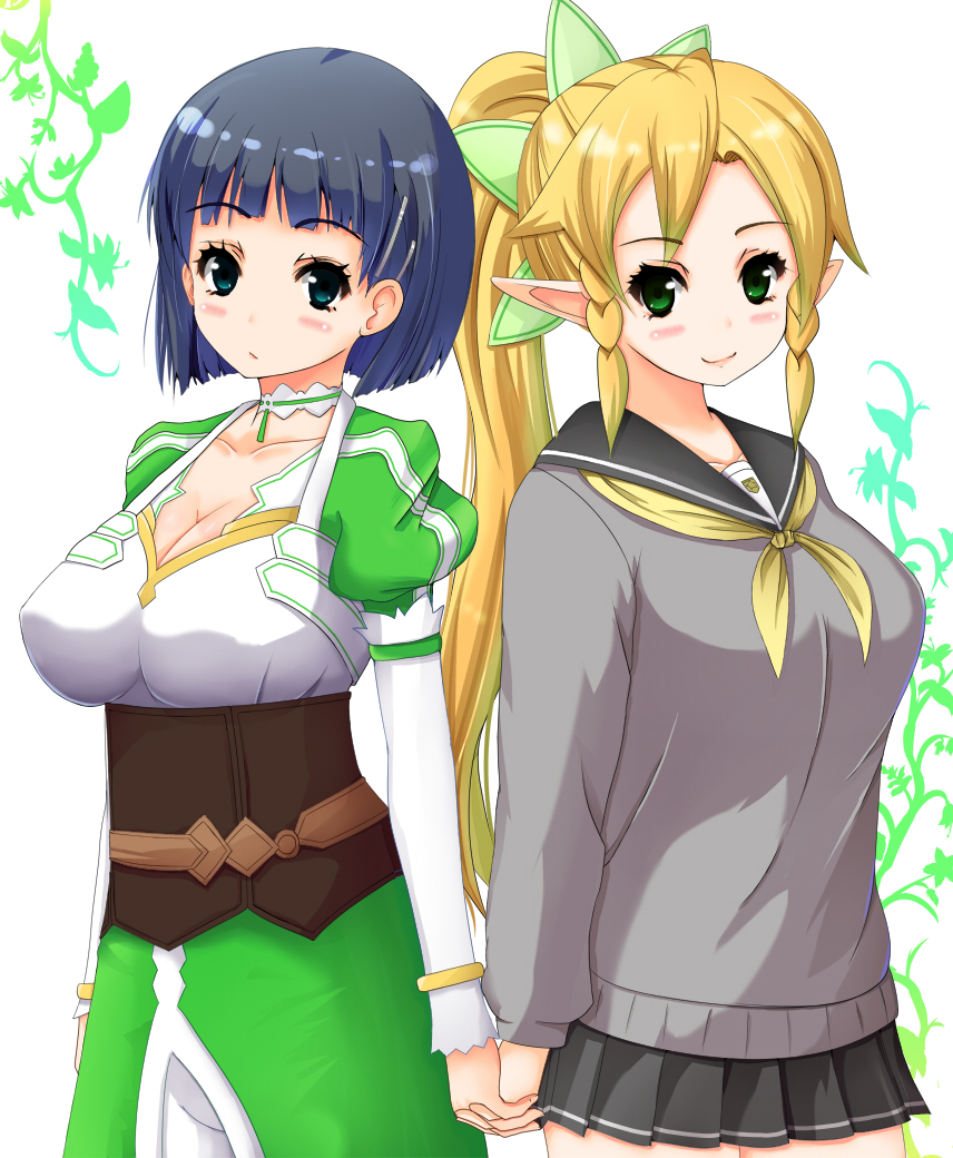 2girls, bad_id, bad_pixiv_id, black_hair, blonde_hair, braid, breasts, cleavage
