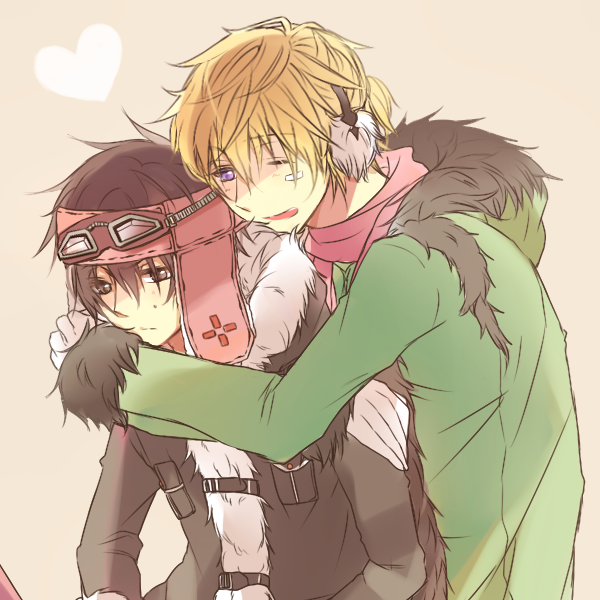 2boys, bandages, black_hair, blonde_hair, gareki_(karneval), goggles, hug, jacket