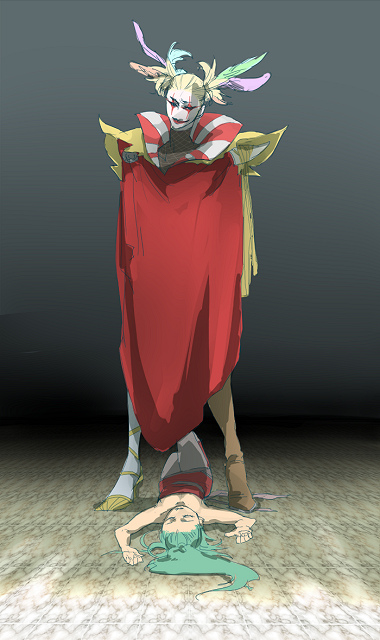 1990s_(style), 1boy, 1girl, arms_up, bare_shoulders, boy_on_top, breasts, cape, cefca_palazzo, cleavage, collarbone, downblouse, final_fantasy, final_fantasy_vi, floor, full_body, green_hair, gyofu, knees_up, lying, mask, on_back, on_floor, pantyhose, small_breasts, standing, tina_branford, you_gonna_get_raped