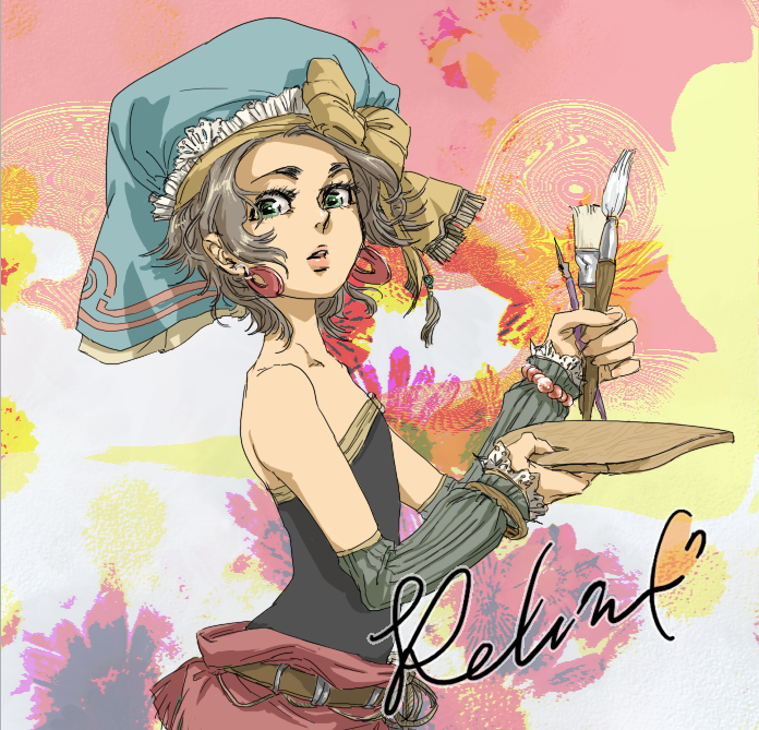 1990s_(style), 1girl, art_brush, bare_shoulders, brown_hair, character_name, child, detached_sleeves