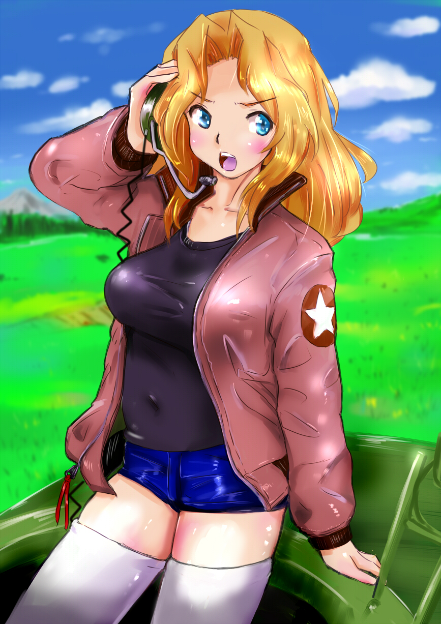 10s, 1girl, black_shirt, blonde_hair, blue_eyes, blue_shorts, blush, brown_jacket