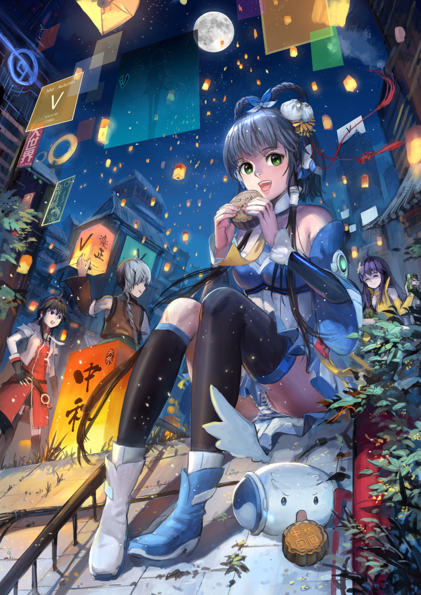 1boy, 3girls, :d, ^_^, ahoge, arm_up, black_hair, black_legwear