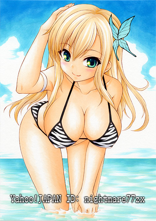 10s, 1girl, armband, artist_name, bent_over, bikini, blonde_hair, blue_eyes, blush, boku_wa_tomodachi_ga_sukunai, breasts, butterfly_hair_ornament, cleavage, cloud, day, female_focus, hair_ornament, halterneck, horizon, kashiwazaki_sena, large_breasts, leaning_forward, long_hair, nightmare77zx, sky, smile, solo, string_bikini, swimsuit, traditional_media, water, watermark, web_address