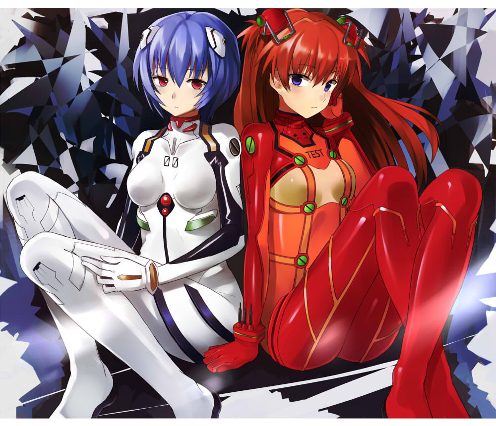 00s, 10s, 2girls, 501092-taka, ayanami_rei, blue_eyes, blue_hair, blush