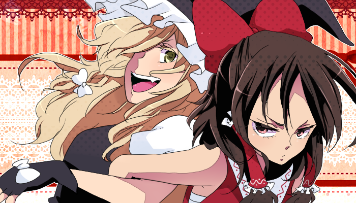 2girls, blonde_hair, bow, brown_hair, doily, female_focus, fingerless_gloves, forehead