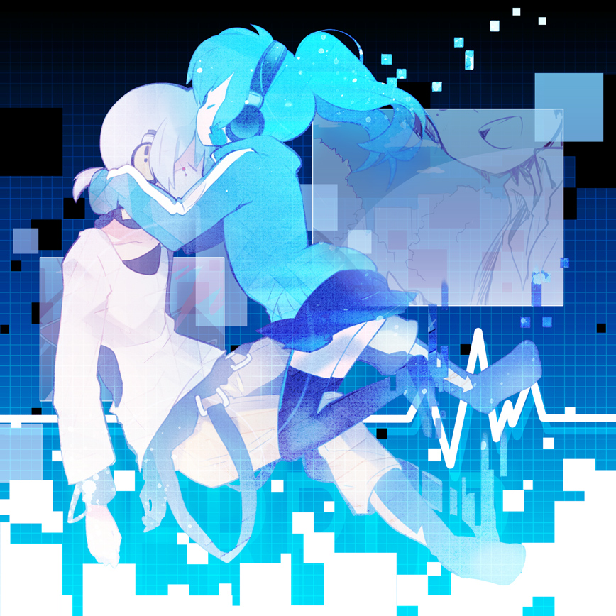 closed_eyes, dual_persona, ene_(kagerou_project), ene_no_dennou_kikou_(vocaloid), green_hair, headphones, kagerou_project, kiss