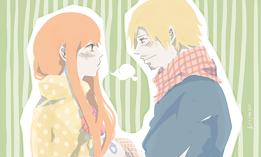 1boy, 1girl, blonde_hair, couple, juliaczzz, nami_(one_piece), one_piece, orange_hair