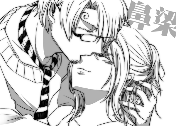 1boy, 1girl, couple, glasses, juliaczzz, monochrome, nami_(one_piece), necktie