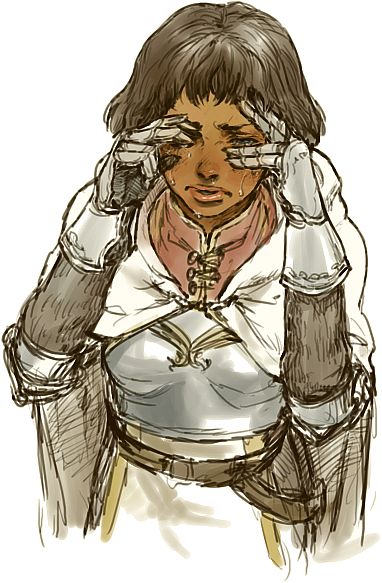 1girl, armor, bad_id, bad_pixiv_id, breastplate, brown_hair, capcom, cape, dark-skinned_female, dark_skin, dragon's_dogma, dragon's_dogma_(series), female_focus, mercedes_marten, short_hair, sketch, soft_men, solo, tears