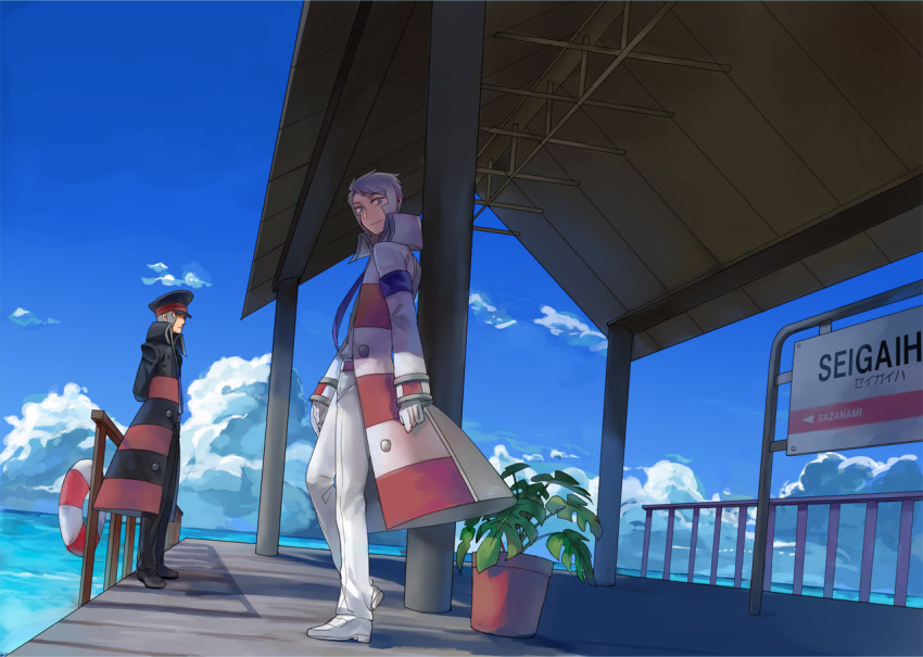 10s, 2boys, blue_sky, brothers, cloud, coat, day, emmet_(pokemon)