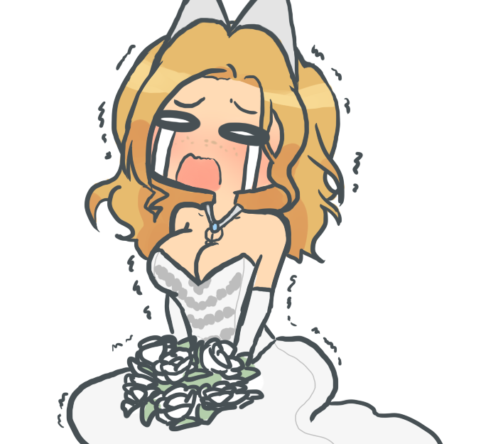 1girl, android_(os), bare_shoulders, blonde_hair, blue_eyes, bouquet, breasts, chibi, cleavage, crying, crying_with_eyes_open, drawfag, dress, female_focus, flower, freckles, hair_ornament, hana_no_android_gakuen, jewelry, kevlar, mikan_(maggie733), motoki_lola, motoki_rola, motorola, necklace, open_mouth, personification, sad, solo, streaming_tears, tears, trembling, wedding_dress