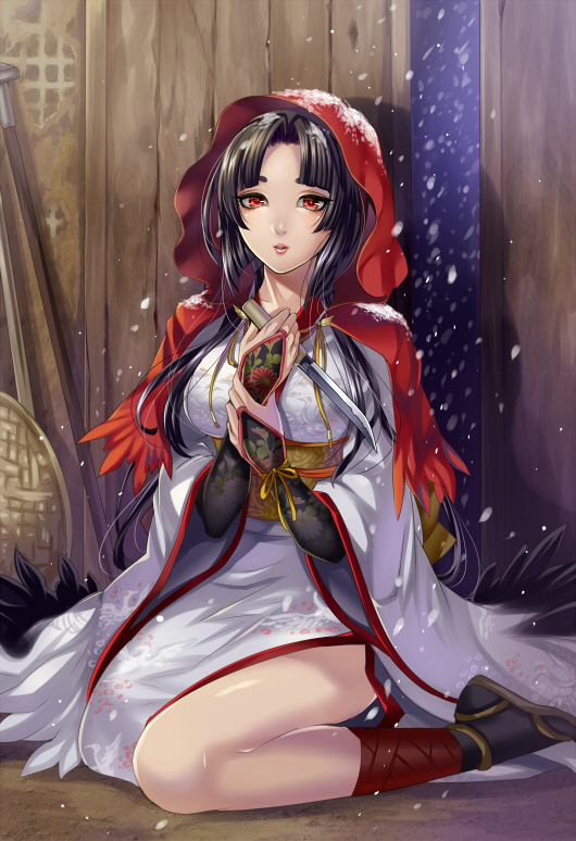 1girl, animal_print, bad_id, bad_pixiv_id, bird_print, black_hair, blonde_hair, bridal_gauntlets, cape, cloak, crane_print, female_focus, floral_print, holding, hood, hooded_cape, knife, lips, long_hair, looking_at_viewer, matsurika_youko, original, princess_royale, red_cape, red_eyes, sitting, snowing, solo, split-toe_footwear, tabi, tsuru_no_ongaeshi