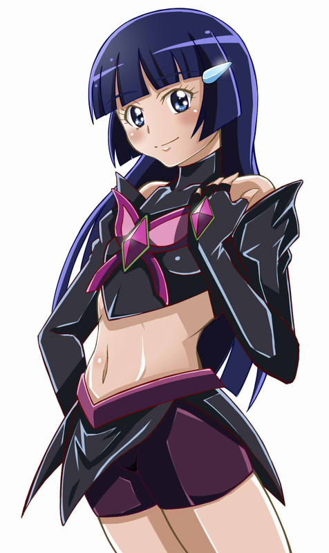 1girl, aoki_reika, bike_shorts, blue_eyes, cosplay, dark_cure_(precure), dark_dream, dark_dream_(cosplay)