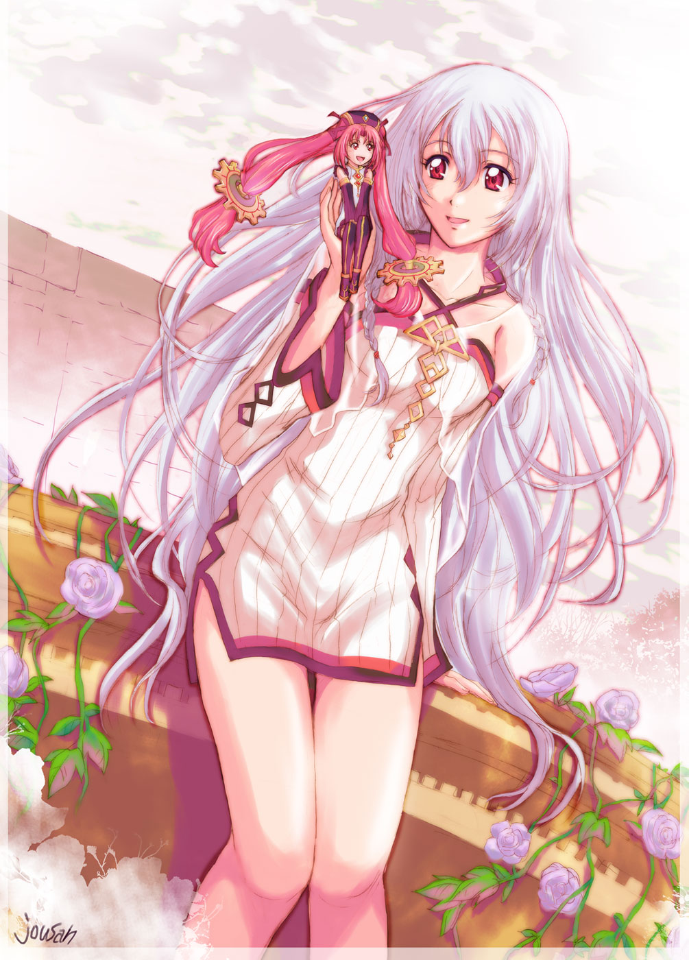 2girls, albino, creha_rem_ordin, detached_sleeves, eiyuu_densetsu, falcom, flower, headdress