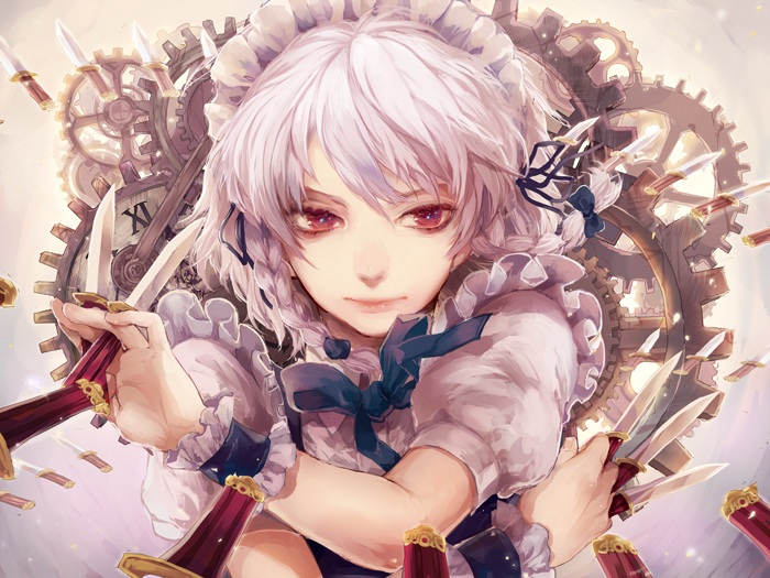 1girl, bad_id, bad_pixiv_id, between_fingers, blue_dress, braid, dress, female_focus, gears, hair_ribbon, hi-fi, holding, izayoi_sakuya, knife, looking_at_viewer, maid, maid_headdress, puffy_sleeves, red_eyes, ribbon, short_sleeves, solo, touhou, twin_braids, upper_body, wrist_cuffs, wrist_ribbon, yukisame