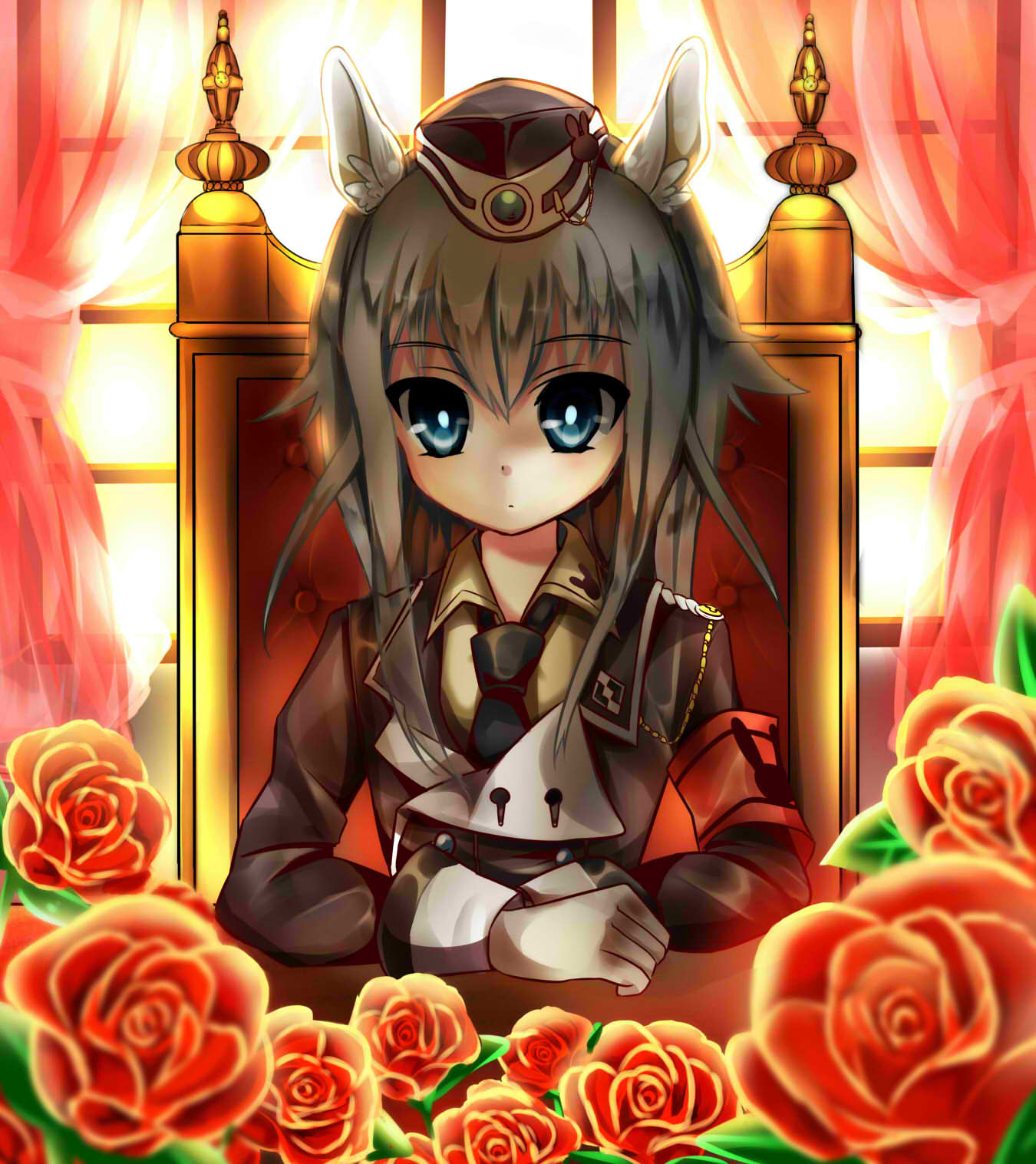 1girl, amakawa_sakko, animal_ears, bad_id, bad_pixiv_id, female_focus, flower, grey_eyes, highres, hinagiku_(enomoto_hina), looking_at_viewer, military, military_uniform, original, rose, sakko0212, silver_hair, solo