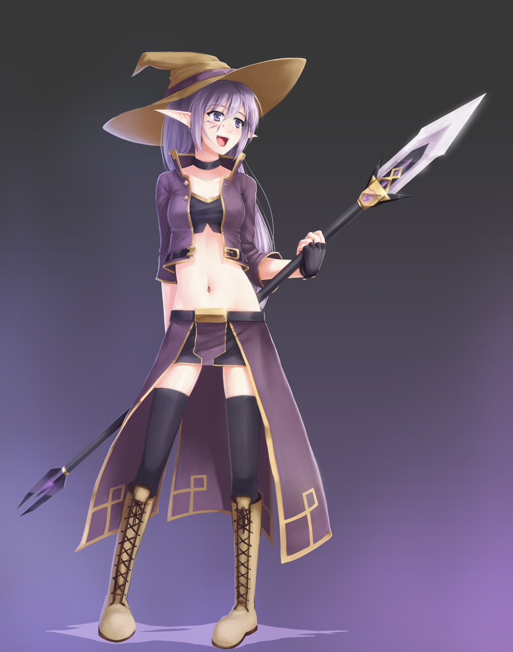 1girl, black_thighhighs, blush, boots, breasts, choker, coat, crop_top