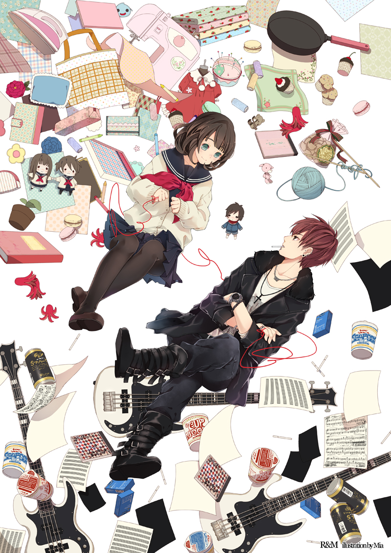 1boy, 1girl, bag, bass_guitar, beer_can, black_legwear, book, brown_hair